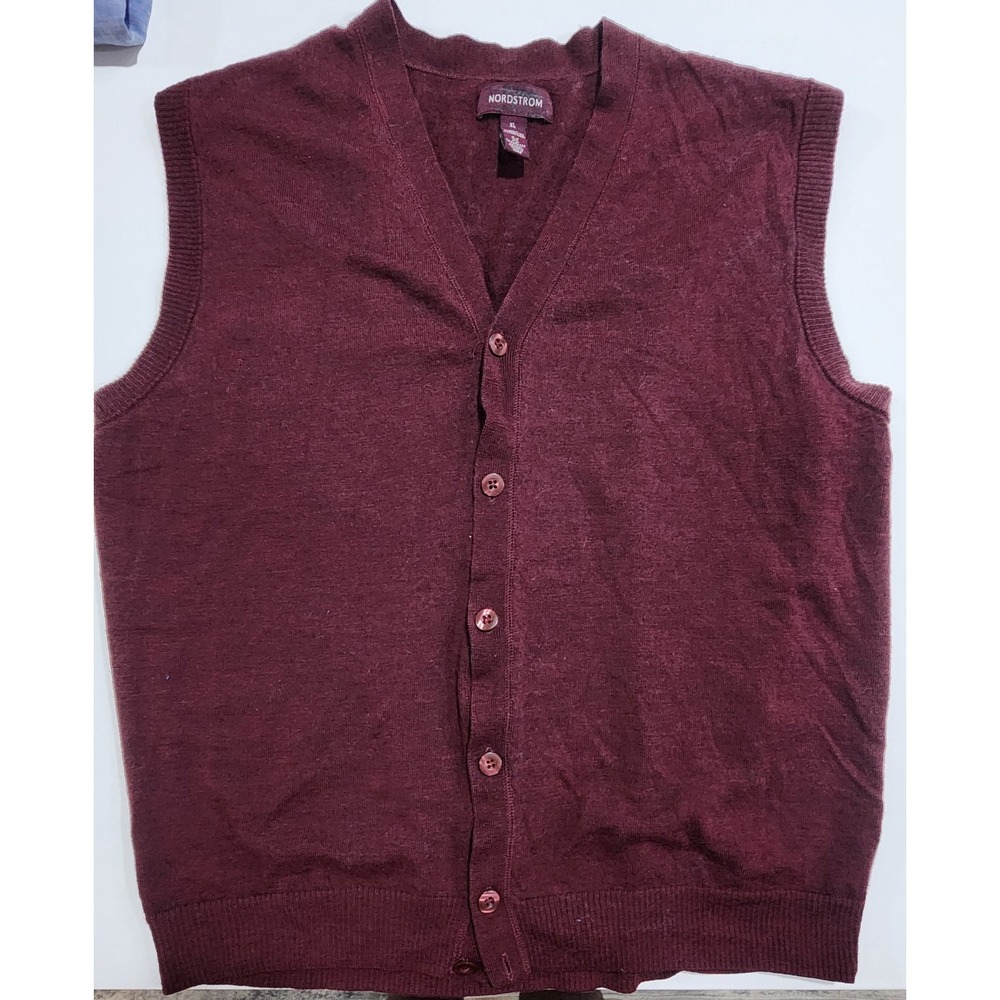 VTG Nordstrom Men's Burgundy 100% Washable Wool Cardigan Vest  Size XL Smartcare